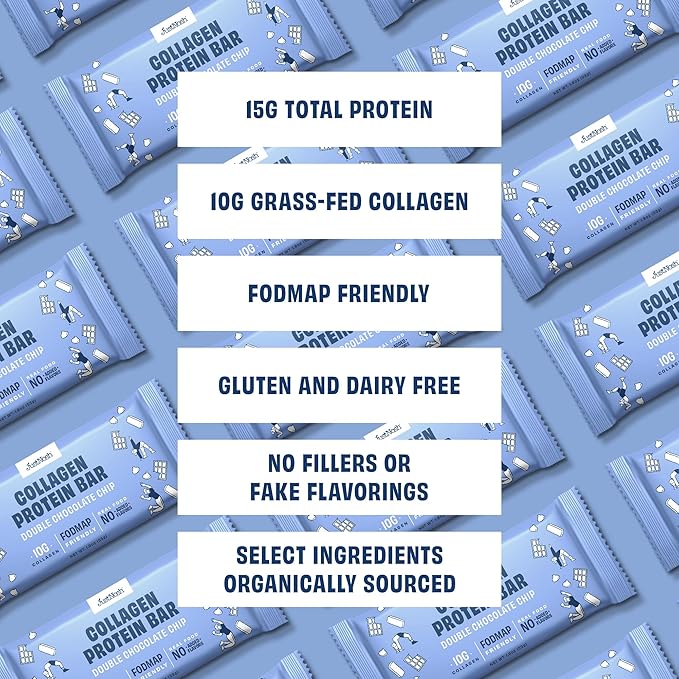 JUSTNOSH Double Chocolate Chip Collagen Protein Bars – 15g Protein 10g Collagen | Gluten &amp Dairy Free Low FODMAP Seed Oil Free (12 Pack)
