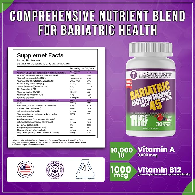 Procare Health Bariatric Multivitamin with Iron 45mg Chewable (30 Tablets) - Fruit Punch Flavor Bariatric Multivitamin Chewable Pills for Gastric Bypass &amp Sleeve Gastrectomy Patients (01 Month Sup