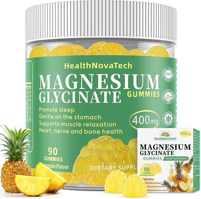 Magnesium Glycinate Gummies 400mg with Ashwagandha CoQ10 Zinc &amp Vitamin C - Women Men Adults &amp Kids 4+ - Sugar Free Vegan Gummies for Sleep Relaxation &amp Stress Relief-Pineapple Flavor