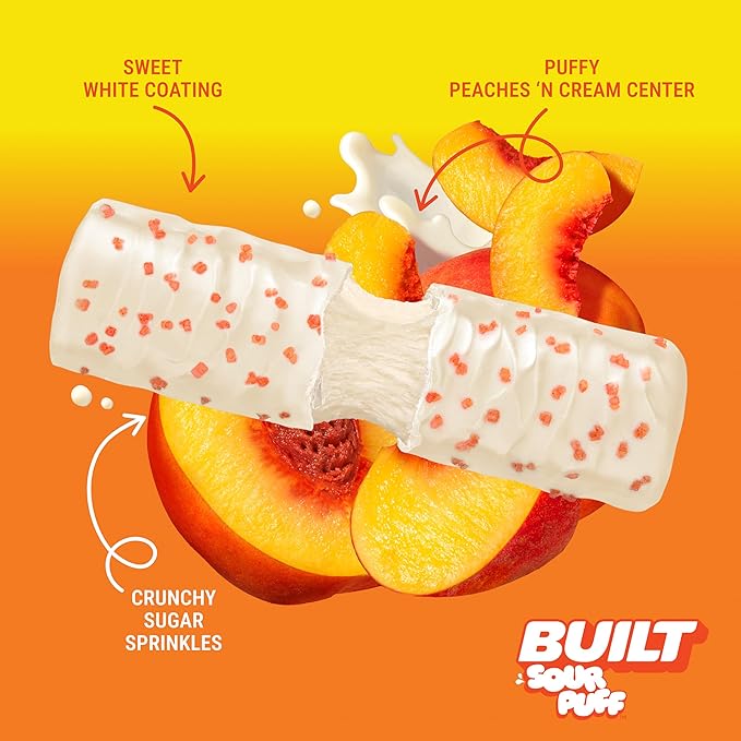 BUILT Bar Sour Puff Protein Bars - Sweet Peach Punch - 16g Protein Snack Bars with Collagen - Calorie Conscious &amp Gluten Free - 12 Count