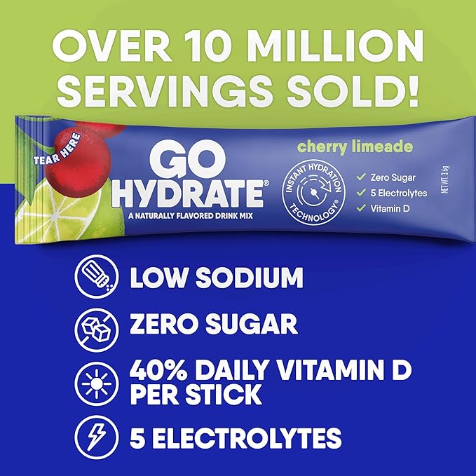 GoHydrate Low Sodium Electrolytes Powder Packets Sugar Free - Instant Hydration Daily Drink Mix - Zero Sugar Water Flavor Packet Singles with Vitamin D - (Cherry Limeade 30 Packs)