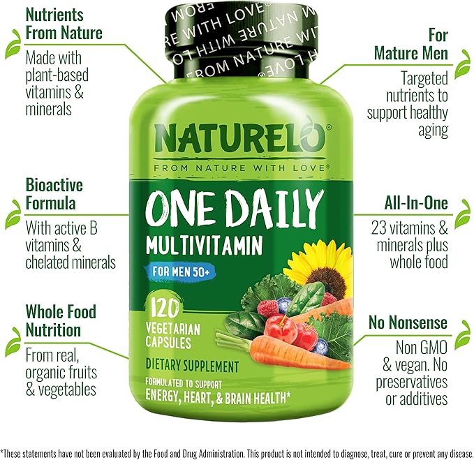 NATURELO One Daily Multivitamin for Men 50+ 120 Capsules One Daily Multivitamin for Women 50+ (Iron Free) 120 Capsules - 4 Month Supply Bundle