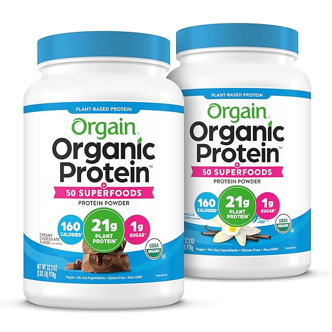 Orgain Organic Vegan Protein + 50 Superfoods Powder Bundle - Creamy Chocolate Fudge &amp Vanilla Bean 21g Plant Based Protein 2.02 lb Each