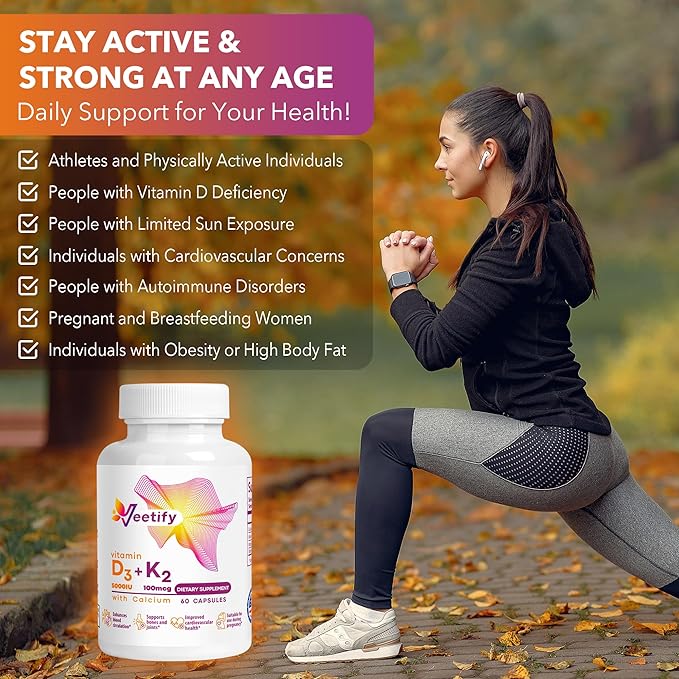 Vitamin D3 (5000 IU) + K2 (100 mcg as MK-7) with Calcium – High Absorption Supplement for Bone Heart &amp Immune Health – 60 Veggie Capsules