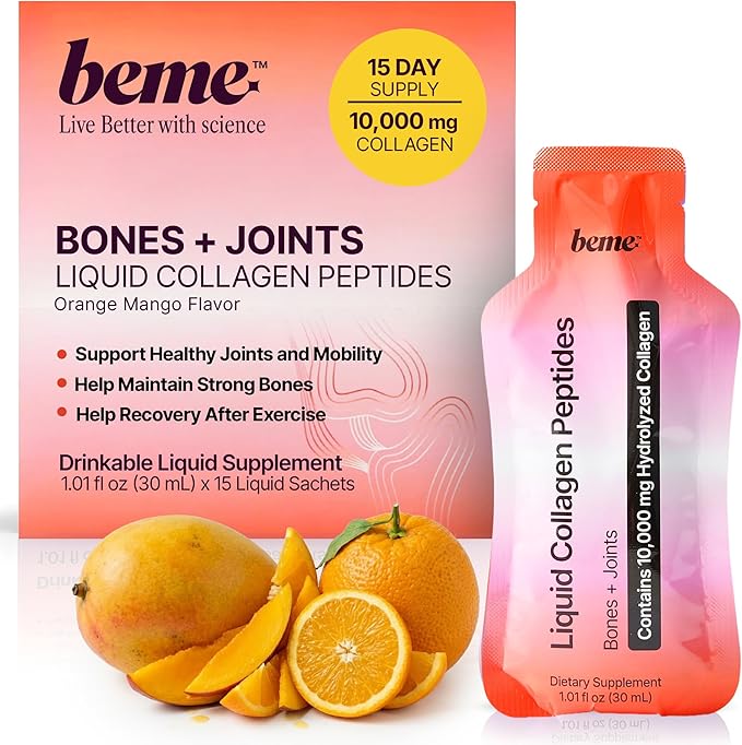 BeMe Bone &amp Joint Collagen Supplement — 10000mg FORTIBONE + FORTIGEL Hydrolyzed Collagen Peptides — Clinically Proven for Bone Density &amp Joint Mobility — Liquid Sachets Orange Mango 15 Coun