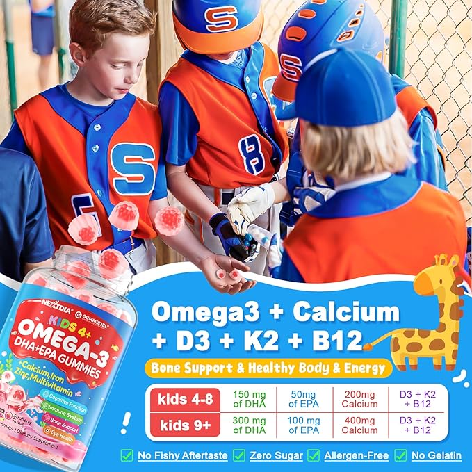 Omega 3 (EPA/DHA) Filled Gummies for Kids with Multivitamin Calcium + D3 + K2 + Zinc Plus Vitamin A B1 B2 B12 C Selenium Iodine for Brain Eye Bone Energy No Fish Taste 2 Pack