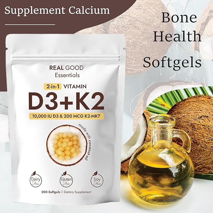 Real Good Essentials Vitamin D3 K2 10000 IU 200 Virgin Coconut Oil Softgels 2 in 1 Vitamins Supplement D &amp K (Include MK7) Easy to Swallow Supports Calcium Absorption Bone Health (1pc)