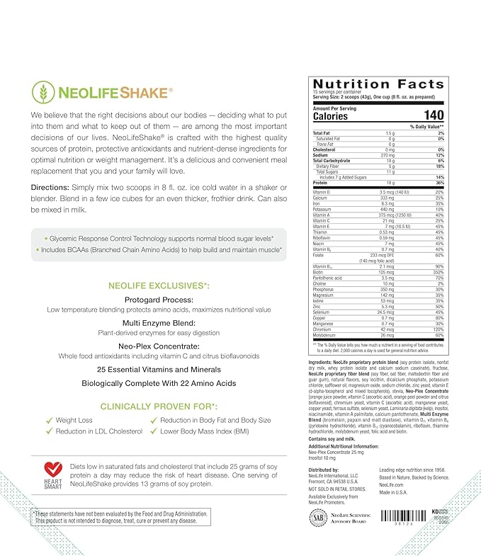 NeoLife - NeoLifeShake - Meal Replacement Shake Powder 25 Vitamins &amp Minerals 22 Amino Acids High Protein Nutrition &amp 5gr Fiber Protein Powder for Shakes - Creamy Vanilla Weight 22.8 oz (