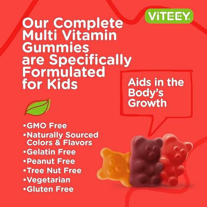 Viteey Kids Multivitamin Gummies Complete Daily Essential Kids Vitamins - Great for Immune Support &amp Overall Health - 12 Essential Minerals &amp Vitamins - Vegetarian Gelatin Free- Fruit Flavor