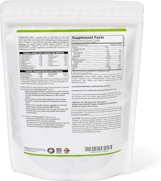 Casa de Sante Advanced Whey Protein Isolate Chocolate GLP-1 Support Low FODMAP Gut Friendly Protein Powder with ProHydrolase Enzymes Naturally Sweetened - 25g Protein - 13 oz