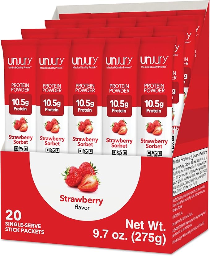 Unjury Whey Protein Powder Individual Stick Packs | Strawberry | 10.5g 100% Whey Isolate Protein Powder | Low Carb and Lactose Free | Gluten Free | Certified Kosher | 20 Servings