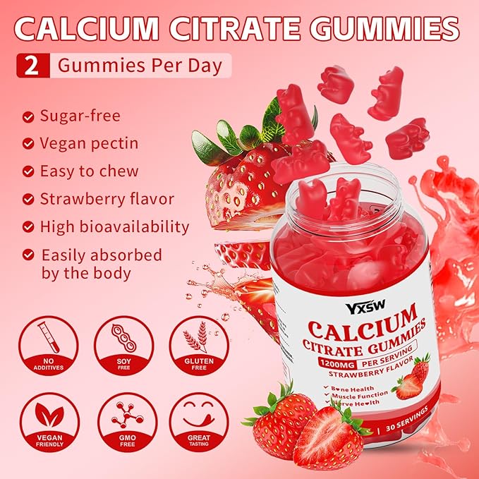 Calcium Citrate Gummies 1200mg Chewable Calcium Supplement for Women &amp Men Sugar Free Calcium for Bone Muscle &amp Immune Support Gluten Free Vegan Non-GMO Strawberry Flavor 120 Count