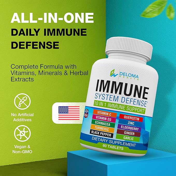 10 in 1 Immune System Support Supplement - Vitamin C (1000 mg) Quercetin Vitamin D3 (5000iu) Zinc (40 mg) Elderberry Echinacea Turmeric Ginger Garlic Black Pepper