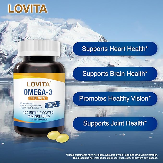 LOVITA 6-Pack Family Wellness Bundle - 3 Adult Fish Oil (120ct) &amp 3 Kid’s DHA (30ct) rTG Omega-3 &amp Lemon Flavor Brain Support