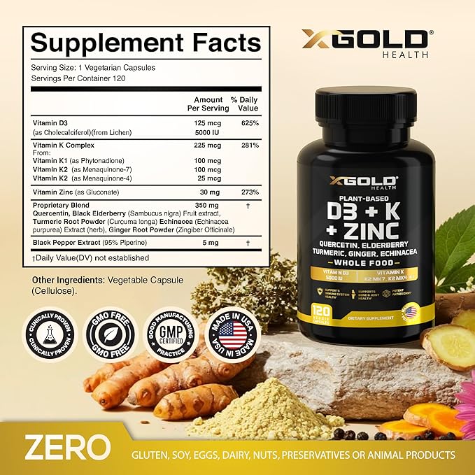 Vitamin D K2 K1 Zinc Quercetin Elderberry Turmeric Ginger &amp Echinacea Whole Food Supplement 8 in 1- D3 5000 IU Plant-Based from Lichen Vitamin K (K2 MK7 MK4 K1) D3 K2 Vitamins -120 Caps
