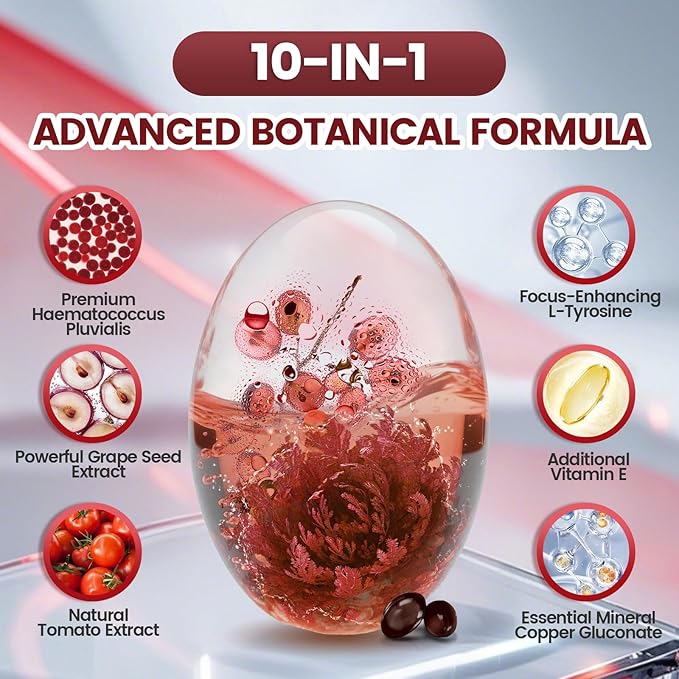 10 in 1 Astaxanthin Supplements 12mg 8 Month Supply Astaxantina Antioxidant from Fresh Haematococcus Pluvialis Contains Lycopene Grape Seed Vitamin E More Supports Eye Joints Skin Health 2Bag
