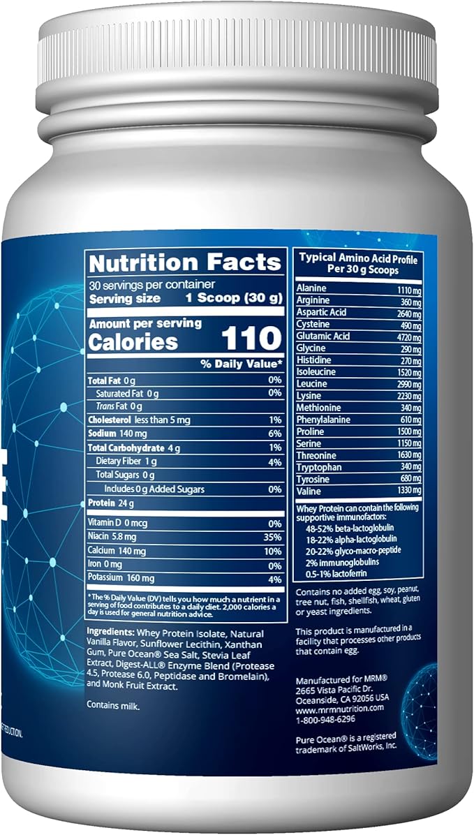 MRM Nutrition Isolate Whey Protein Powder - Vanilla Flavored 24 g Protein with Added BCAAs &amp Glutamine Digestive Enzymes Gluten-Free Hormone- and Antibiotic-Free - 29 Servings