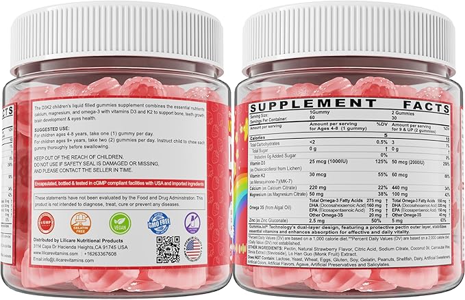 Vitamin D3 K2 + Calcium Liquid-filled Gummies for Kids &amp Teens 1000IU / 2000IU D3 with Magnesium Algal Omega 3 Kids Vitamins for Bones &amp Teeth Calcium Absorption Brain Immune Sugar-Free