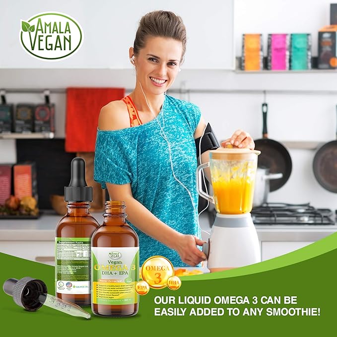 Potent &amp Organic Vegan Omega 3 Liquid Supplement: Better Than Fish Oil! Plant Based Water Extracted Algae Oil- DHA EPA DPA Fatty Acids- Non GMO- Supports Immune Heart Brain &amp Joint Health-60
