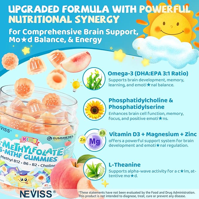 Kids L-Methylfolate Gummies Active 5-MTHF + Methyl B12 Vitamin B6 B2 Choline Vegan Omega 3 DHA &amp EPA Methylated Multivitamin MTHFR Supplement for Methylation Focus Cognition Brain 60 Ct