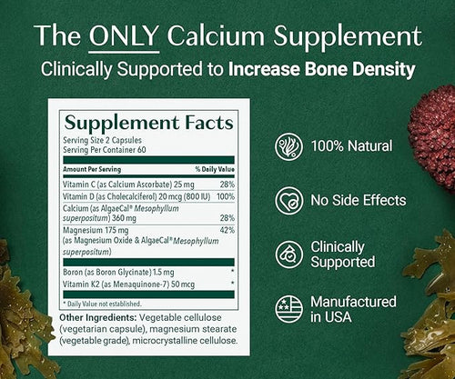 ALGAECAL Organic Red Algae Calcium Supplement for Bone Density &amp Strength Vitamin K2 MK7 Vitamin D3 Magnesium &amp Trace Minerals 120 Veggie Caps + Free Magnesium Relax™ (60 Caps)
