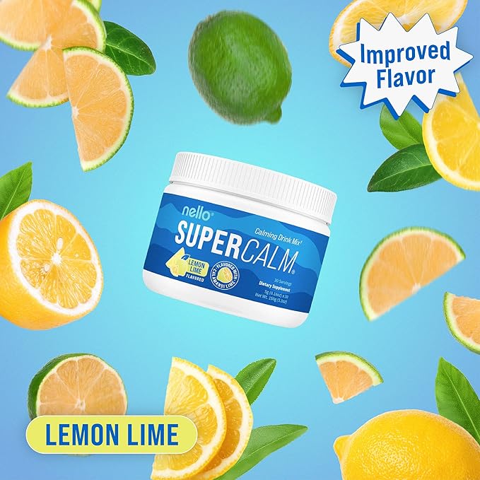 Nello Supercalm Powdered Drink Mix Tub Cortisol Reducer* and Sleep Aid Supplement L Theanine Ksm-66 Ashwagandha Magnesium Glycinate Vitamin D 3 No Sugar Non GMO On The Go 30 Ct Lemon Lime