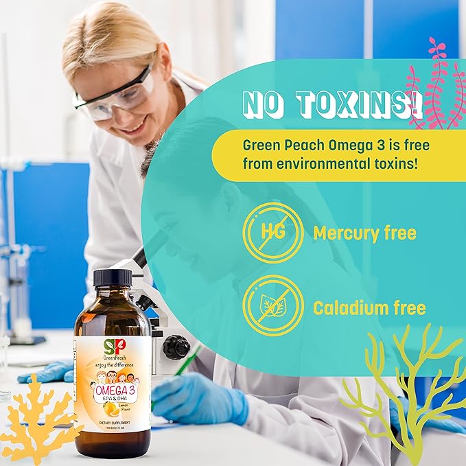GreenPeach Omega 3 for Kids - 4oz Lemon Flavor Liquid Supplement 525mg Toddler DHA &amp 800mg EPA Natural Formula Kids Fish Oil