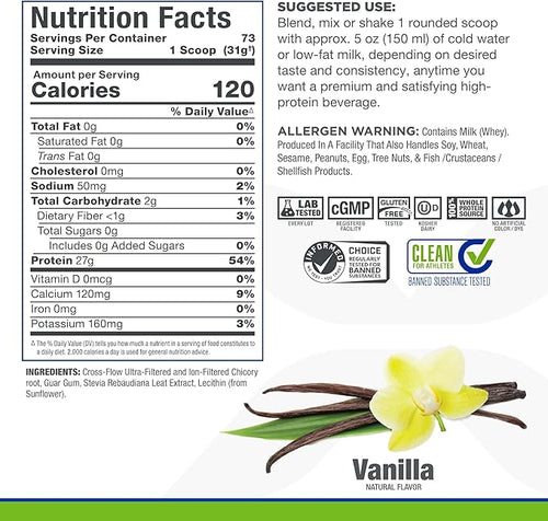 ALLMAX ISONATURAL Whey Protein Isolate Vanilla - 5 lb - 27 Grams of Protein Per Scoop - Zero Fat &amp Sugar - 99% Lactose Free - with Prebiotics - No Artificial Flavors - Approx. 73 Servings