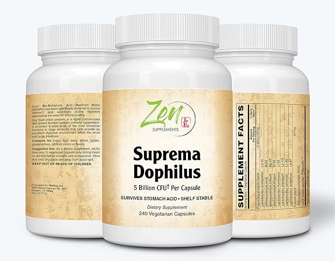 Zen Supplements - Suprema-Dophilus - 5 Billion CFU Probiotic - 8 Strains - Shelf Stable and Acid Resistant - Supports Gastrointestinal &amp Immune Health 240-Caps