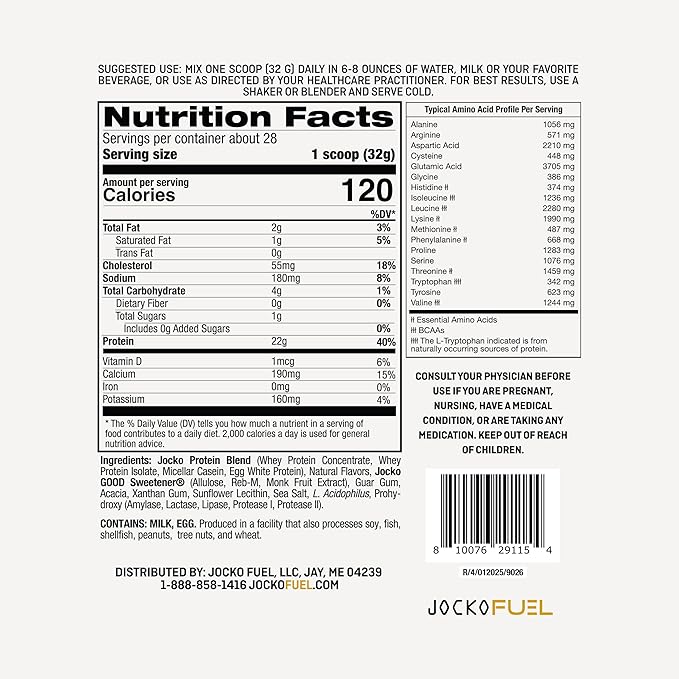 Jocko Fuel Whey Protein Powder Vanilla Milkshake 22g Protein Digestive Enzymes + Probiotic Blend No Sugar Added with Essential Amino Acids + Electrolyte Minerals 28 Servings