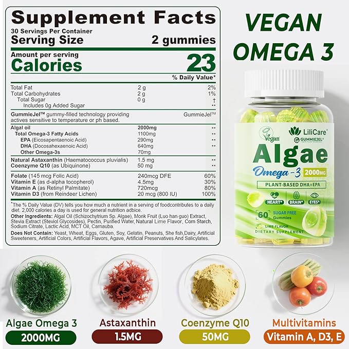 Omega 3 Gummies 2200mg from Algae Oil (DHA 640mg &amp EPA 290mg) for Women &amp Men Vegan Omega 3 Fish Oil Alternative w/CoQ10 Astaxanthin Vitamin A E D3 for Brain Eye AntioxidantSugar Free