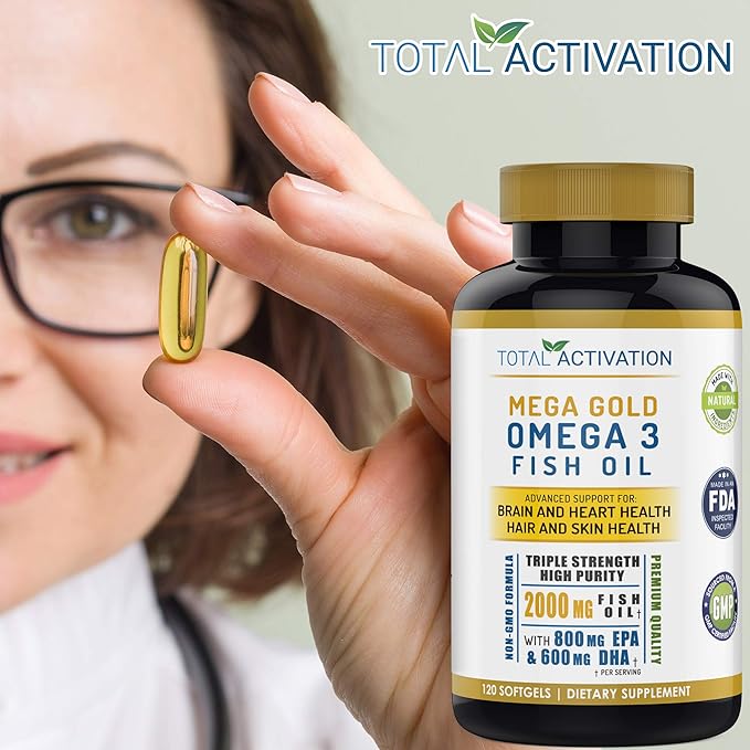 Omega 3 Fish Oil Supplement – 2000mg with EPA DHA &amp Vitamin E – Burpless Triple Strength Support for Men &amp Women – 120 Easy Swallow Softgels