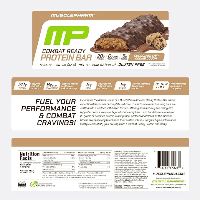 MusclePharm Combat Sport Bar Chocolate Chip Cookie Dough High Protein Bars Combat Cravings Fuel Performance &amp Meet Energy Demands 20g Protein from Whey Protein 5g Fiber Gluten Free 12 Bars
