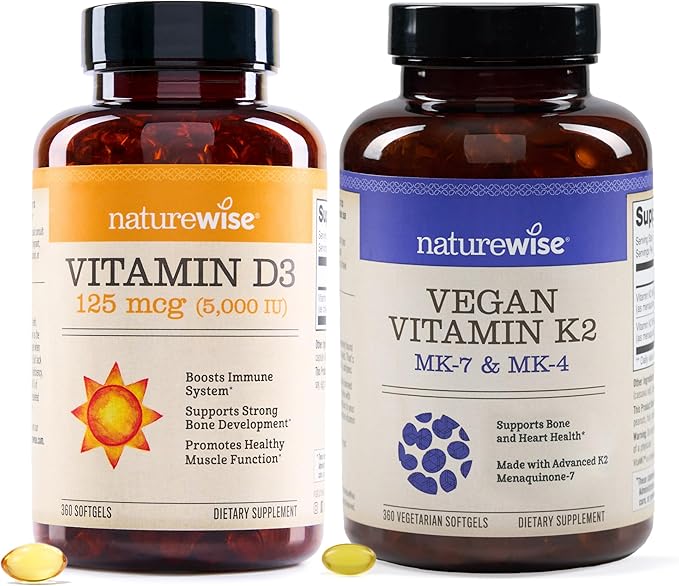 NatureWise Vitamin D3 5000IU (125mg) 360 Count + Vitamin K2 MK-7 100mcg and MK-4 500mcg 90 Count - Bundle for Bone &amp Heart Health - Gluten Free Non-GMO Halal Gelatin- 1 Year Supply