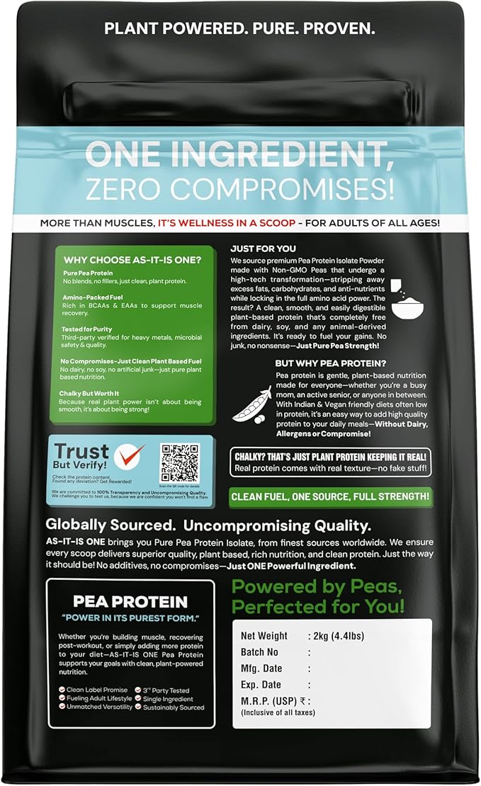 AS-IT-IS Nutrition Pea Protein Isolate | Designed for Meal Supplementation | Easy to Digest - Vegan &amp Gluten-free Cross-flow Microfiltered Soy-free (2000 Gms/70.5 Oz)