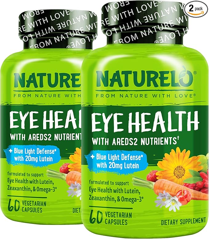 NATURELO Eye Vitamins - AREDS 2 Formula Nutrients with Lutein Zeaxanthin Vitamin C E Zinc Plus DHA - Supplement for Dry Eyes Healthy Vision Eye Support - 60 Vegan Capsules (Pack of 2)