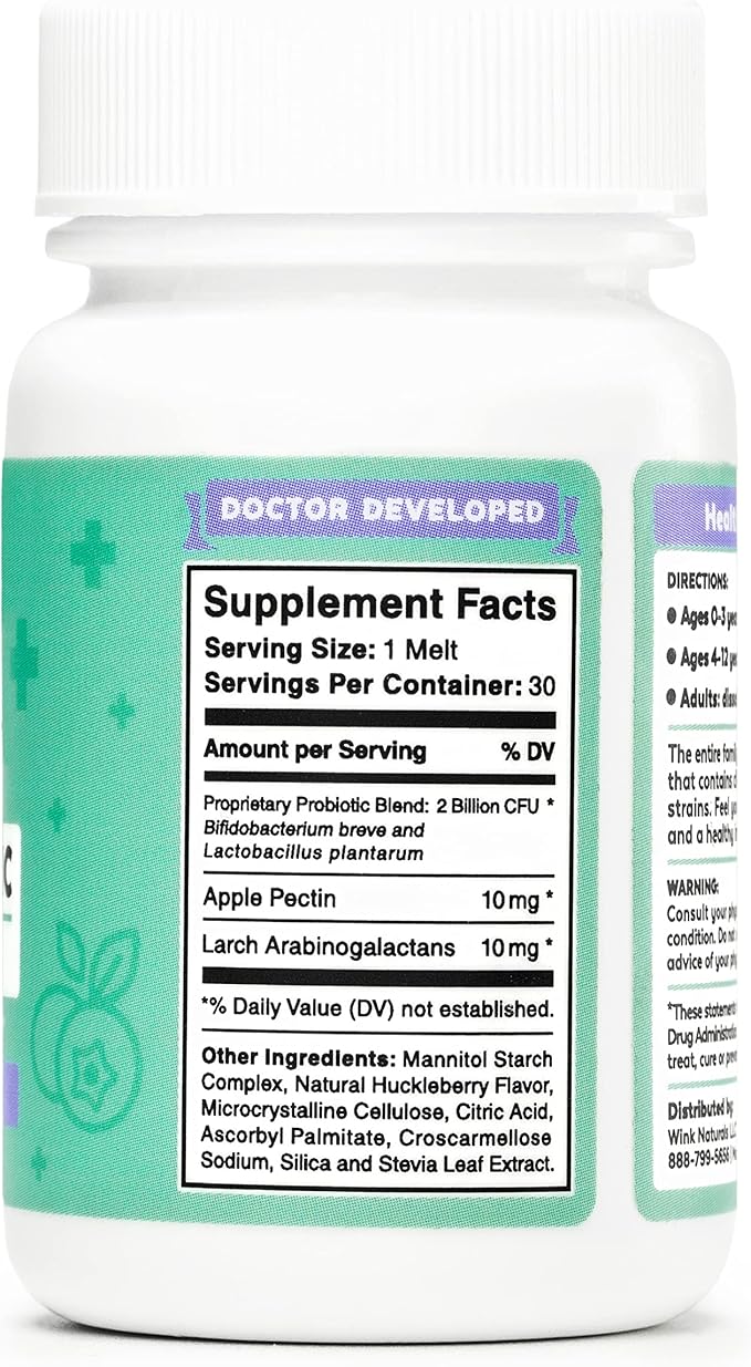 Wink Well Prebiotics and Probiotics Immune System Booster Dietary Supplement for Digestive Health Bloating Relief and Support- for Kids and Adults (Huckleberry Flavor 30 Melts)