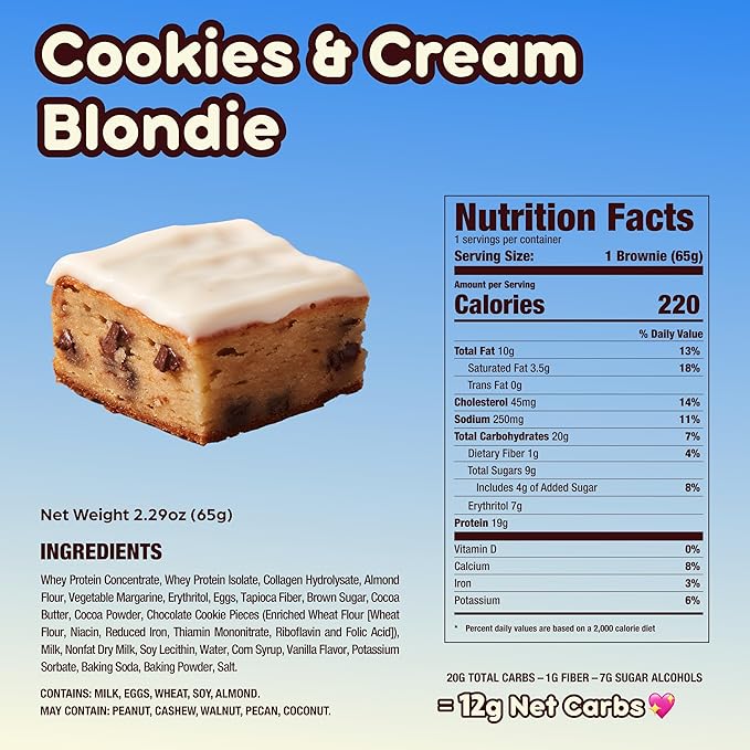 Prime Bites High Protein Brownie (12 Per Box Cookies &amp Cream Blondie) - 19g of Protein 5g of Collagen Gluten Free Low Sugar Treat Delicious Protein Snack