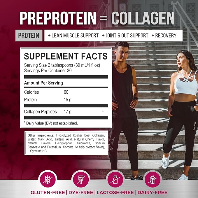 PreProtein 15 Liquid Hydrolyzed Collagen Peptides – Sugar Free Cherry Flavor Drink – 15g Protein Amino Acid Supplement for Bariatric Recovery Joint Support &amp Wound Care – 30oz
