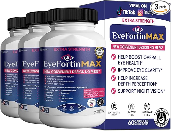 EyeFortin MAX Eye Health Supplement 60 Capsules Extra Strength with Lutein Vitamins A C E B12 Bilberry Extract 30 Day Supply (3)