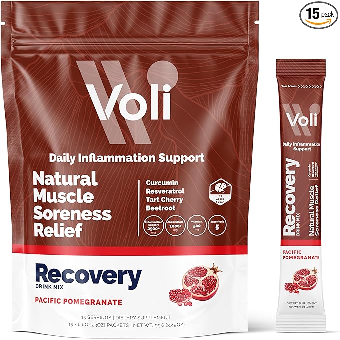 Voli Recovery - Post Workout Superfood Powder | Plant-Based Drink Mix Packets with Curcumin Ginger &amp Vitamin C for Muscle Recovery &amp Detox Support Inflammation &amp Leg Cramps Support Vega