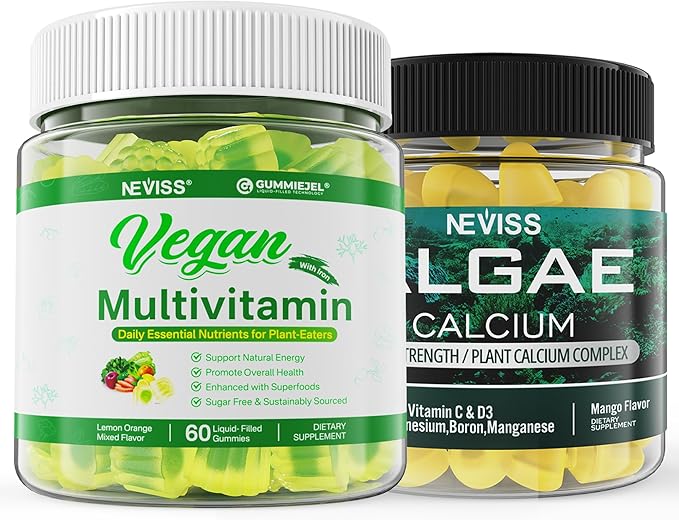 Algae Calcium Gummies 600mg with Vegan Multivitamin for Women Men with Iron Vitamin B12 A D3 K2 Algae Omega 3 Magnesium Zinc