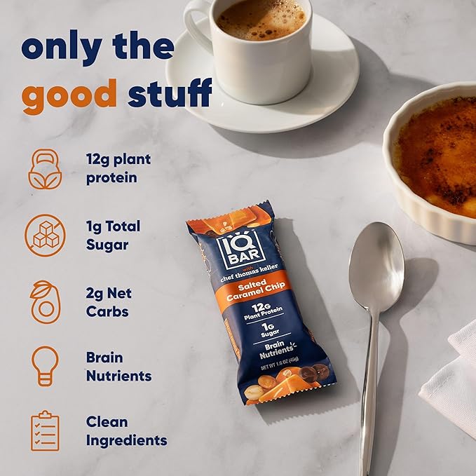 IQBAR Clean Plant Protein Bars - Salted Caramel Chip - 12 Count - Keto Vegan High Fiber Gluten and Dairy Free Low Sugar Snack - Brain and Body Nutrients for Focus Energy Meal Replacement