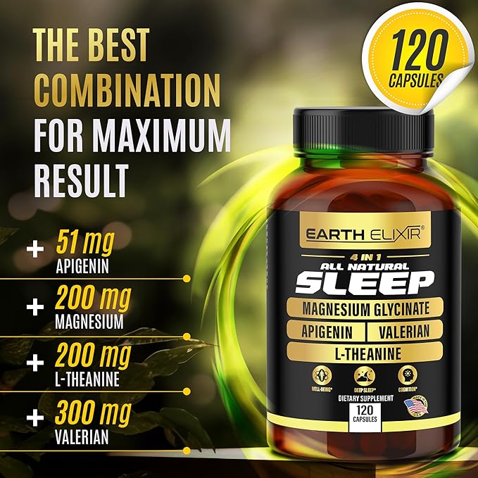 Earth Elixir 4-in-1 Sleep Aid (120 Caps) w/Apigenin 50mg Magnesium Glycinate 200mg L Theanine 200mg &amp Valerian Root for Sleep Aid 300mg | Apigenin Supplement for Sleep | Sleeping Pills