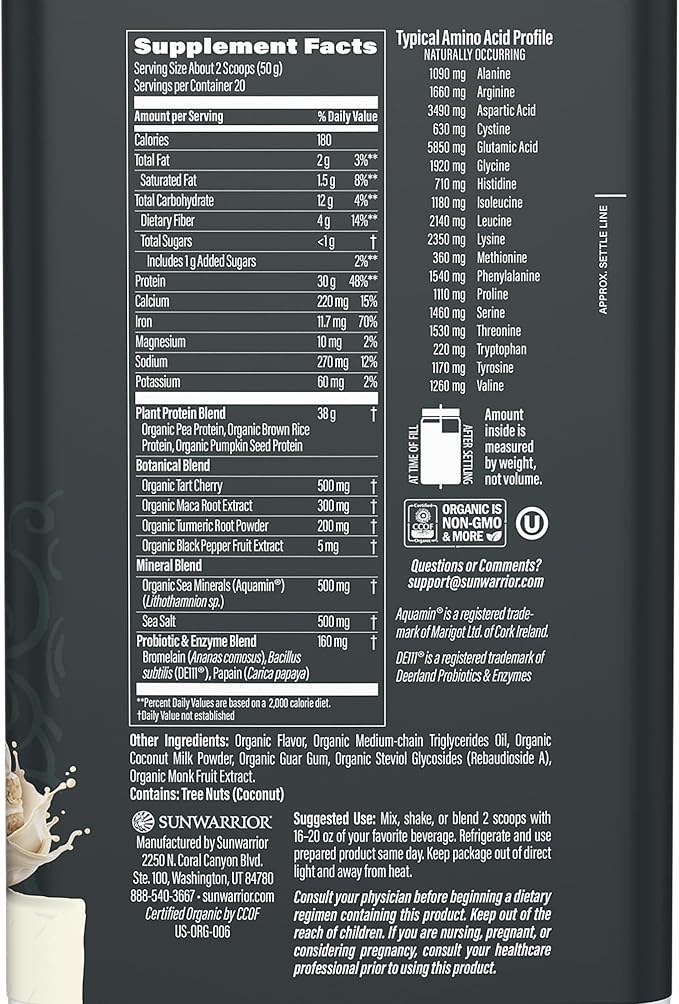 Sunwarrior Organic Plant Based Protein Powder | Vegan Organic Protein Powder with BCAA Amino Acids Plus Recovery Minerals &amp Botanicals | Non-GMO Soy Dairy &amp Gluten Free (Cake Batter 20 Servin