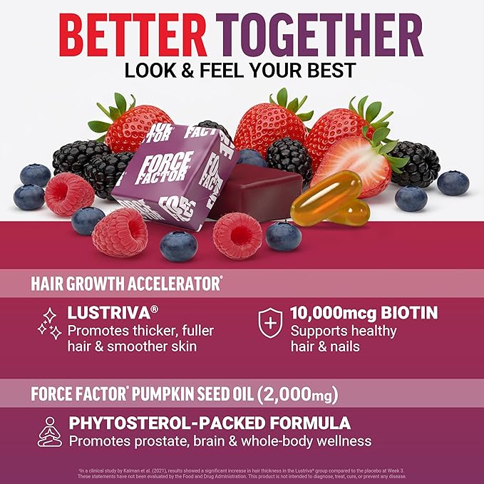 Force Factor Hair Growth Accelerator Soft Chews Hair Growth Vitamins for Women and Men with Clinically Studied Lustriva and Biotin Promotes Thicker Fuller Stronger Hair + Pumkin Seed Oil Sofgels