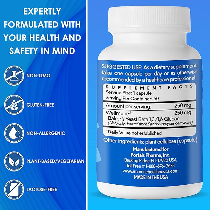 Ultra Strength Immunity - Clinically Proven Immune Support - Wellmune Highly Purified Beta Glucan - Gluten-Free Non-allergenic Non-GMO and Vegan Capsules - 60 Capsules 250 mg