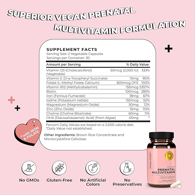 Future Kind Prenatal Vitamin - Pregnancy Lactation and Wellness Support with DHA &amp L-Methylfolate - Folate Supplement for Women with Vitamin D E Iron Omega-3 and Biotin (60 Capsules)