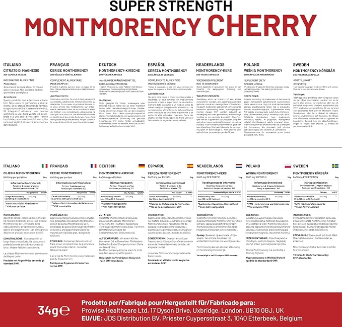 Montmorency Cherry 6400mg - 200 Tart Cherry Capsules - Natural Tart Cherry Extract Supplement for Men &amp Women – Super Strength Gluten Free Vegan and GMO Free - Made in The UK by Prowise