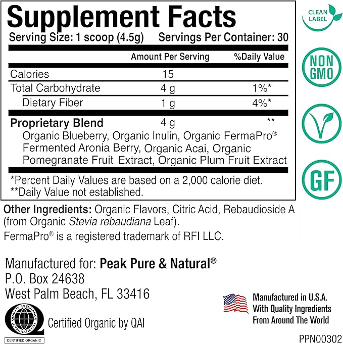 Peak Organic Superfruits - Polyphenol Rich Superfood Powder - Non-GMO Fermented Aronia Berry Acai Blueberry Pomegranate and Plum - Aging Metabolic Health Heart Health (30 Servings)